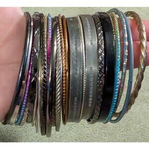 Stack Lot 30 Vintage Metal Bangles Bracelets Incl Pewter Variety Styles Colors